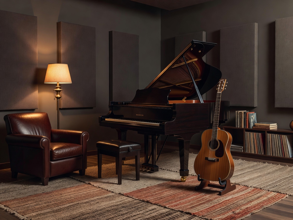 Rauhallinen musiikkistudio aikuisille, jossa piano ja kitara, lämmin valaistus