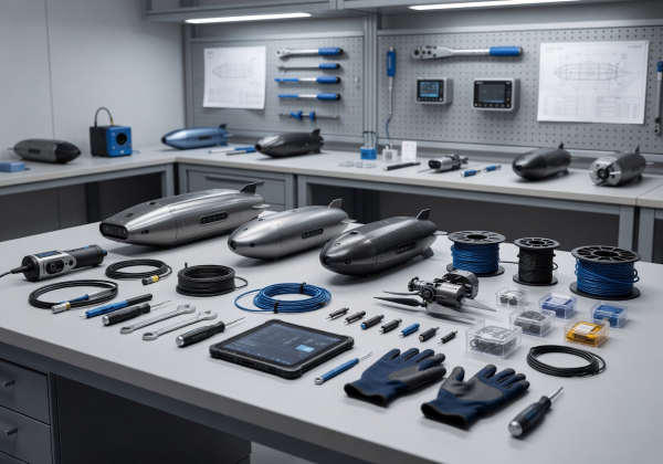 Clean organized workspace with specialized marine drone tools and equipment