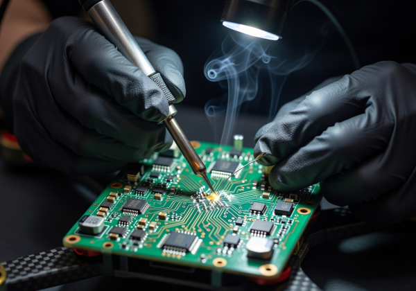 Close-up of precision soldering work being performed on a drone control board