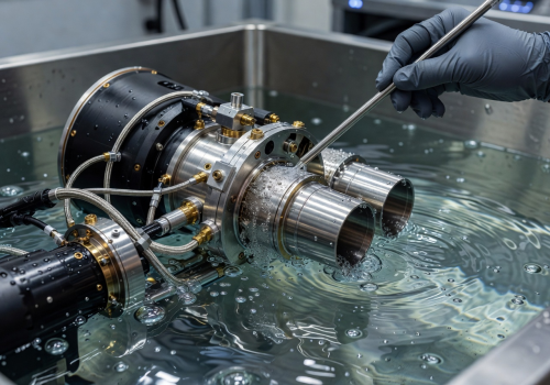 Close-up of thruster assembly being cleaned in an ultrasonic bath