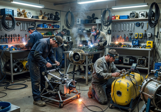 DeepCurrent marine workshop showing technicians at work on underwater equipment