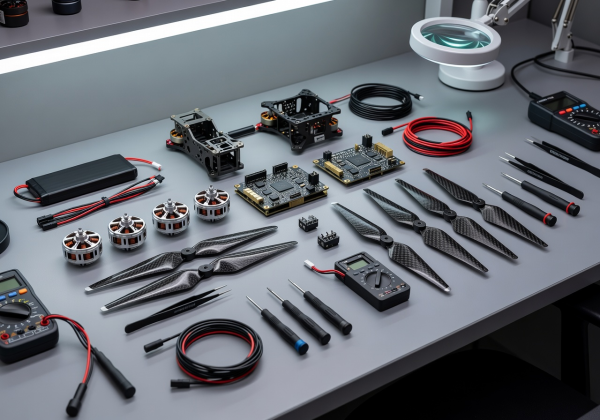 Drone components laid out on a clean workshop bench for inspection and repair