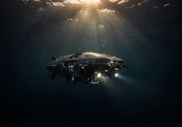 Drone returning from a deep-water test dive with sunlight streaming through the water