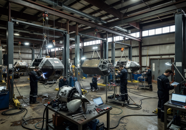 Interior of the DeepCurrent San Diego maintenance facility with multiple service bays