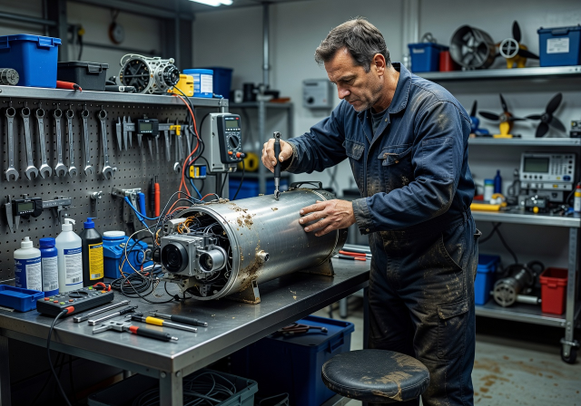 Marine technician inspecting an underwater drone in a workshop with specialized tools