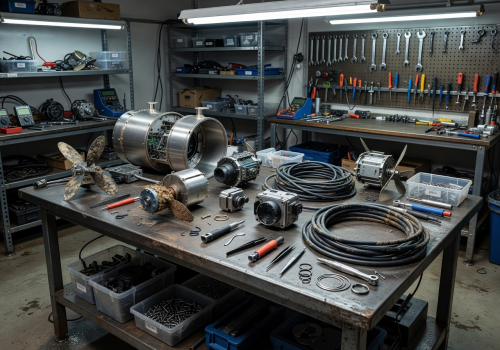 Technical workshop with underwater drone parts laid out for inspection and repair