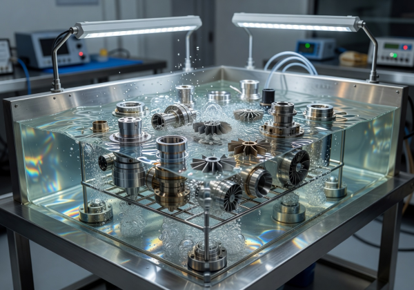 Thruster components being cleaned in an ultrasonic bath with purified water