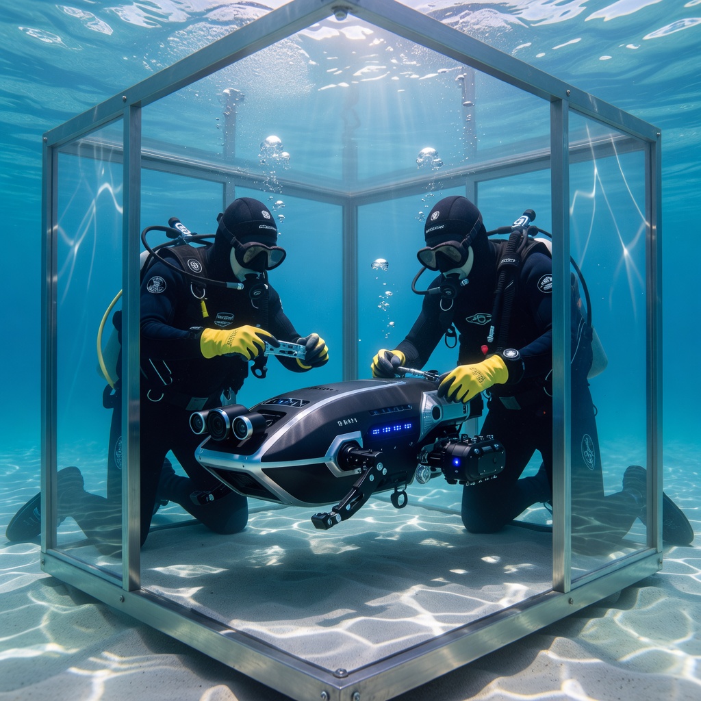 Underwater drone being serviced in a marine maintenance facility with clear blue water