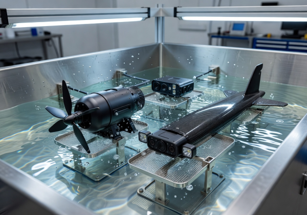 Underwater drone components being cleaned in a specialized ultrasonic bath