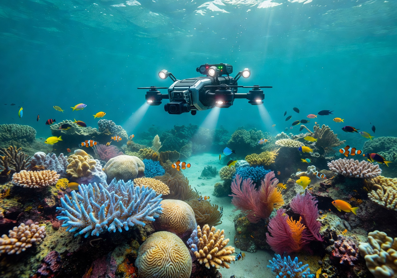 Underwater drone exploring a coral reef during post-maintenance validation dive