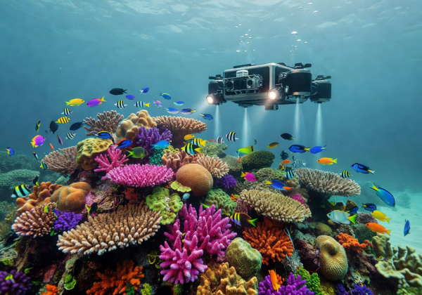 Underwater drone performing a validation dive near vibrant coral formations