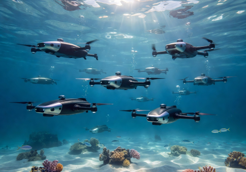 Underwater seascape showing clear blue ocean water environment where drones operate